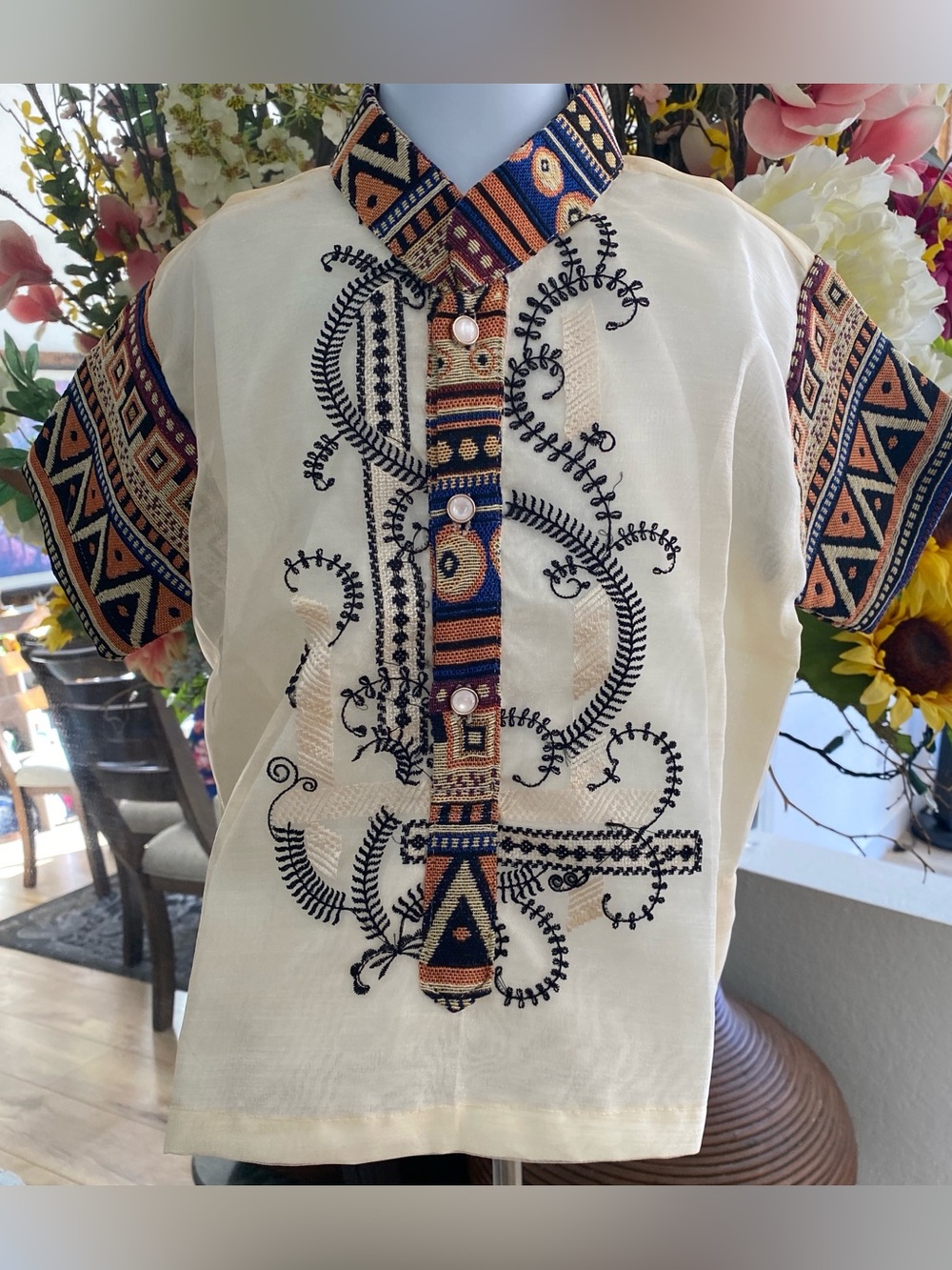 Barong Tagalog Cream Embroidered Kids Polo with Geometric Trim